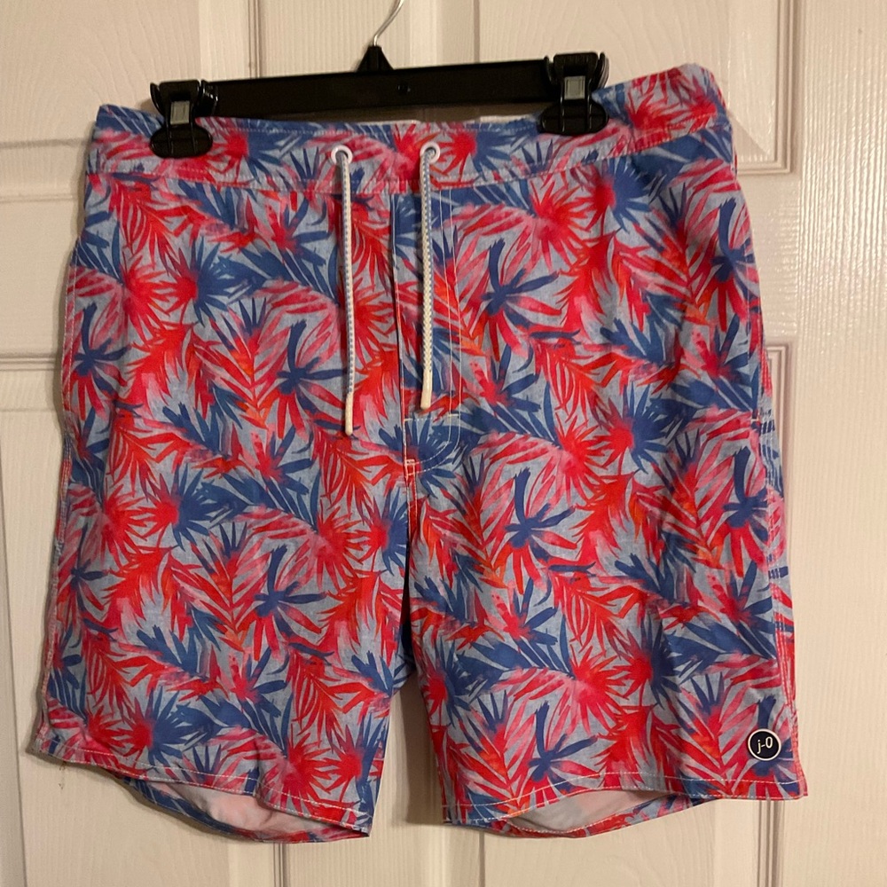 johnnie-O Men's Red & Blue Tropical Leaf Swim Shorts